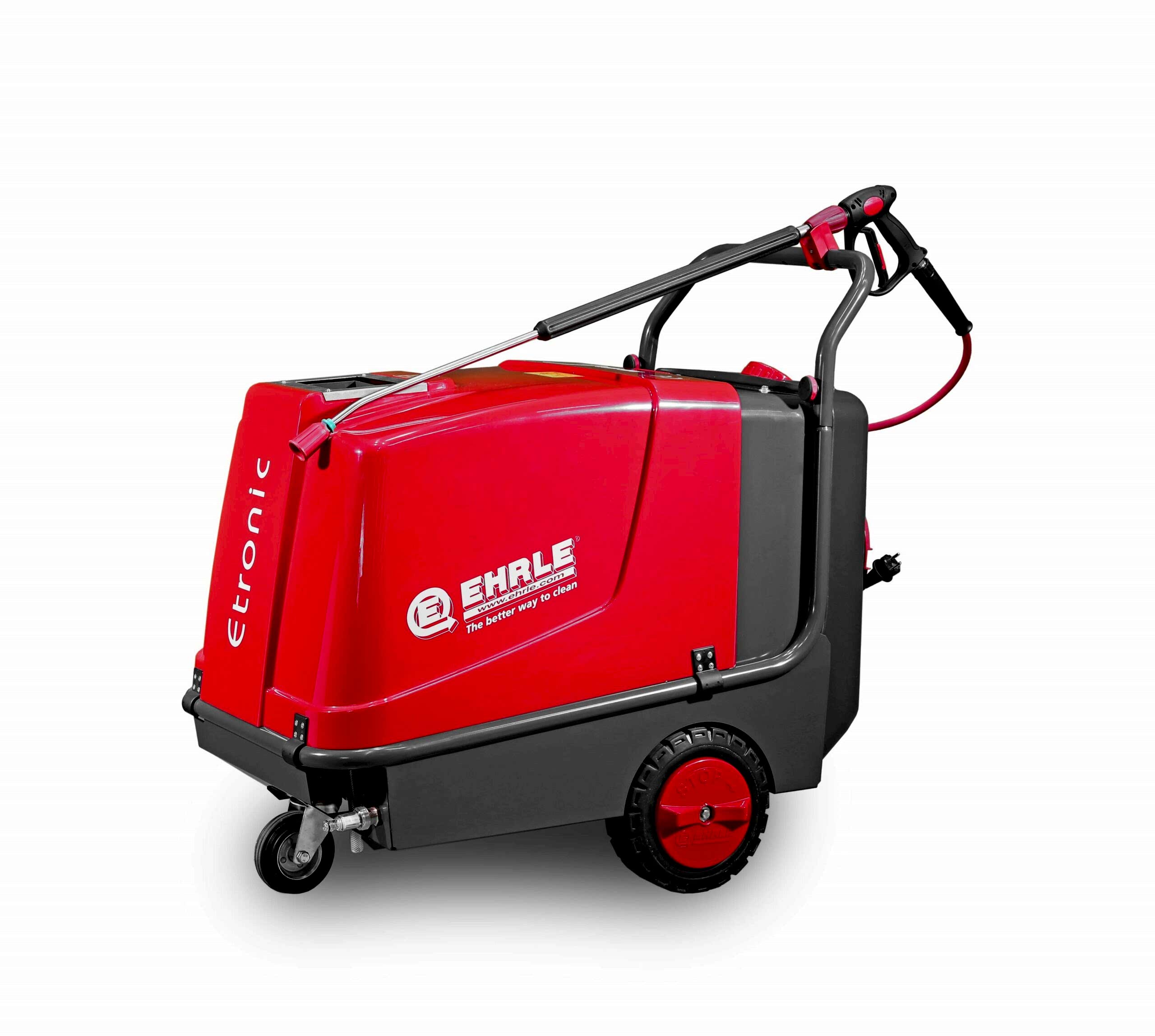 Le nettoyeur haute pression HD523 - 230V (NHP mobile eau chaude) de EHRLE, doté d'une finition rouge, comprend des roues, un tuyau et une buse de pulvérisation. Il bénéficie d'une conception robuste pour une durabilité accrue et est livré avec une poignée pour une mobilité aisée. Le logo distinctif etronic et EHRLE sur ce nettoyeur haute pression le distingue. - Tekalab