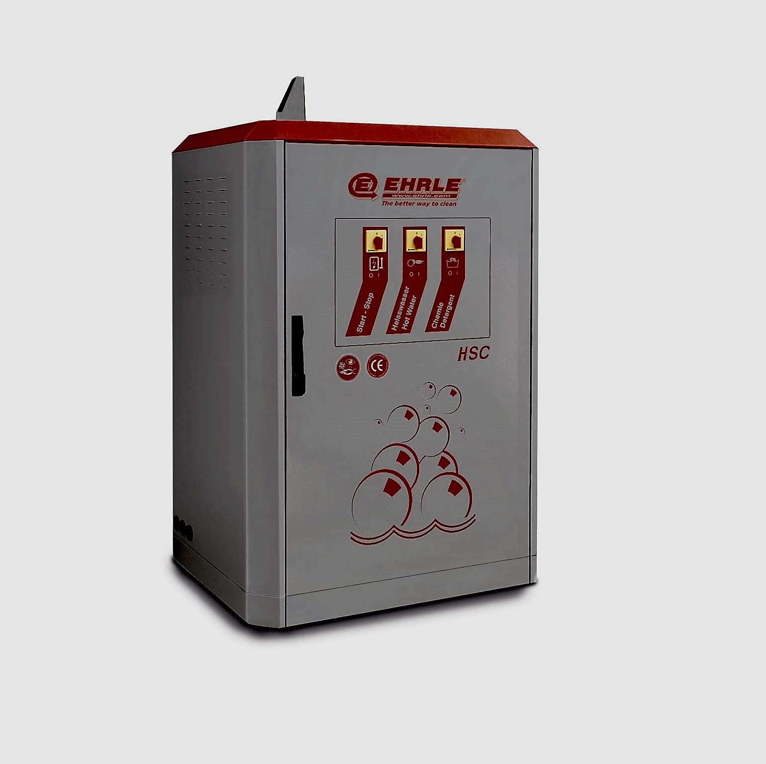 L'Ehrle HSC1140 – 400V (NHP stationnaire eau chaude) est une armoire industrielle grise et rouge, dotée d'une porte avec des étiquettes d'avertissement et des illustrations à bulles. Elle est conçue avec des trous d'aération latéraux pour améliorer l'efficacité des performances. - Tekalab