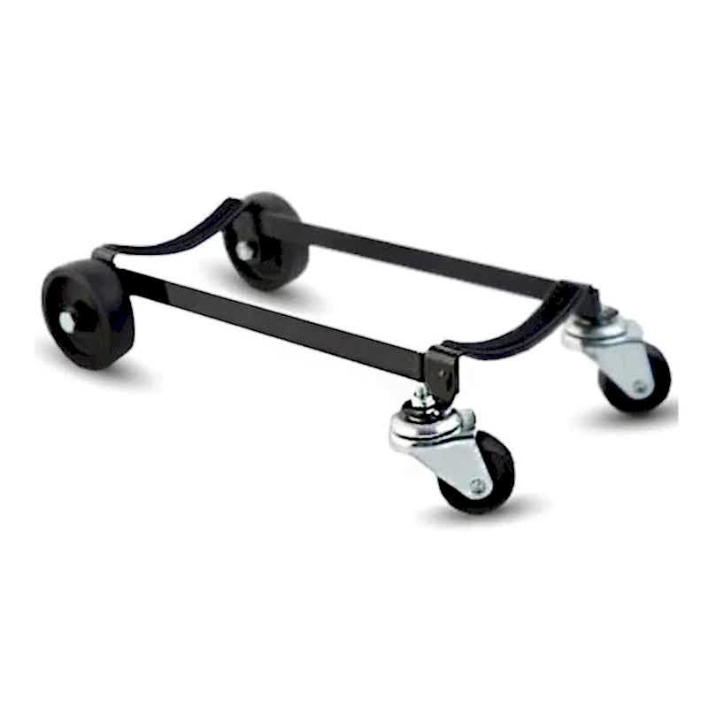 Le Support à Roulettes pour le Bigboi Blowr Mini + est un chariot à chaise réglable en métal noir doté de quatre roues, dont deux pivotantes, pour un transport et un rangement efficaces. - Tekalab