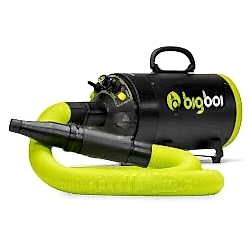 Le souffleur dair portatif Bigboi Blowr Mini+ de Sécheur est noir et vert et est doté dun tuyau flexible jaune enroulé autour de lui. Étiqueté « bigboi », il est doté de boutons de commande latéraux et dune poignée de transport supérieure robuste pour un transport facile. - Tekalab