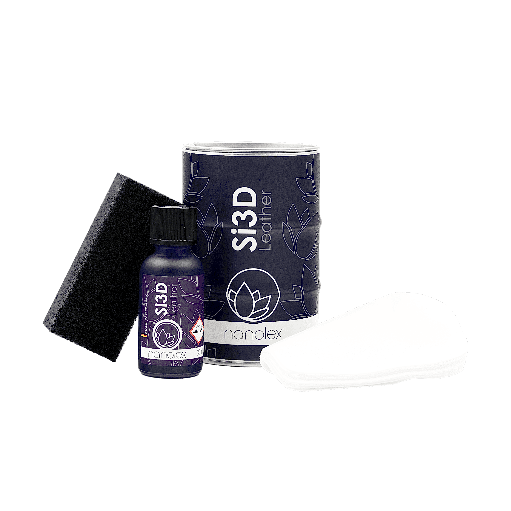 Le pack Nanolex Si3D Leather (30 ml) comprend un récipient cylindrique « Si3D Leather », un petit flacon « Si3D », une éponge noire et un chiffon blanc, le tout élégamment présenté sur un fond blanc immaculé. - Tekalab