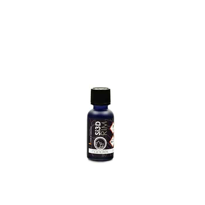 Un flacon bleu de 30 ml étiqueté « Prime S3D », conçu pour le revêtement céramique SI3D Rim pour jantes, comporte un bouchon noir, un logo et le texte « nanoFIX INK » sur fond blanc. - Tekalab
