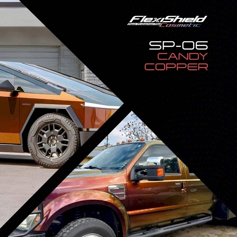 Une image divisée montre deux véhicules brun métallisé : une voiture angulaire en haut à gauche et une camionnette en bas à droite. « FLEXISHIELD Cosmétique PPF TP-04 Moon Beam 2.0 » scintille sur un fond géométrique noir, mettant en valeur la protection supérieure de FLEXISHIELD. - Tekalab