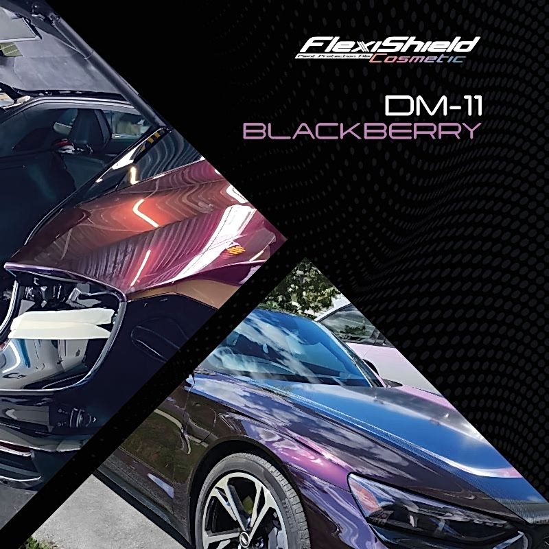 Une image promotionnelle pour FLEXISHIELD Cosmétique PPF TP-04 Moon Beam 2.0 montre une voiture avec une finition violette brillante et multicolore. Le véhicule est représenté en deux sections diagonales pour souligner la qualité réfléchissante et la brillance de la peinture, évoquant le superbe effet Moon Beam 2.0. - Tekalab