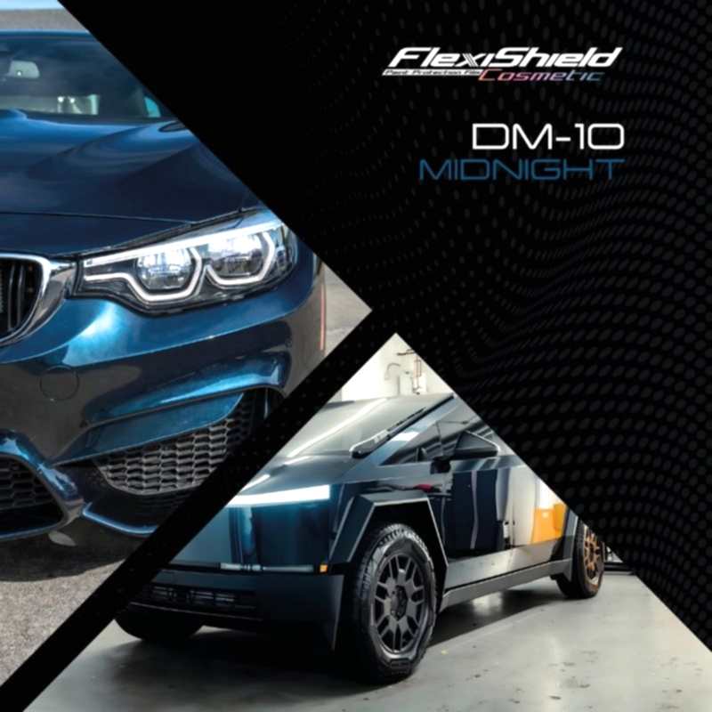 Une image promotionnelle présente deux véhicules. À gauche, un gros plan de lavant dune voiture bleue, rehaussée dune protection FLEXISHIELD. À droite, une vue latérale dun camion futuriste. Le fond noir texturé met en valeur Cosmétique PPF TP-04 Moon Beam 2.0. - Tekalab