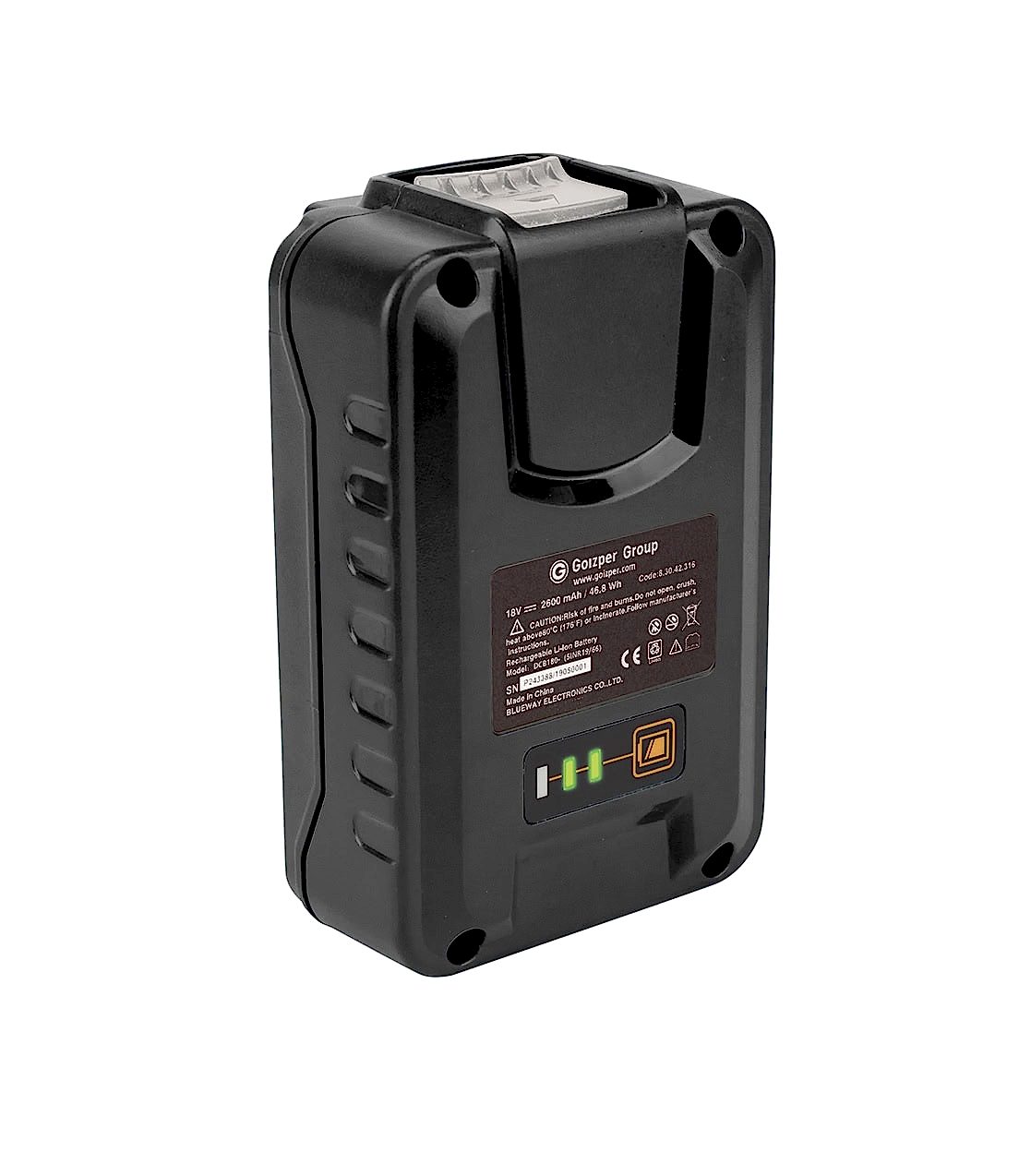 Un pack rechargeable noir Batterie pour IK E-Foam Pro 12 avec étiquette de spécifications techniques, forme rectangulaire, un clip sur le dessus et des côtés ventilés pour un refroidissement efficace. - Tekalab